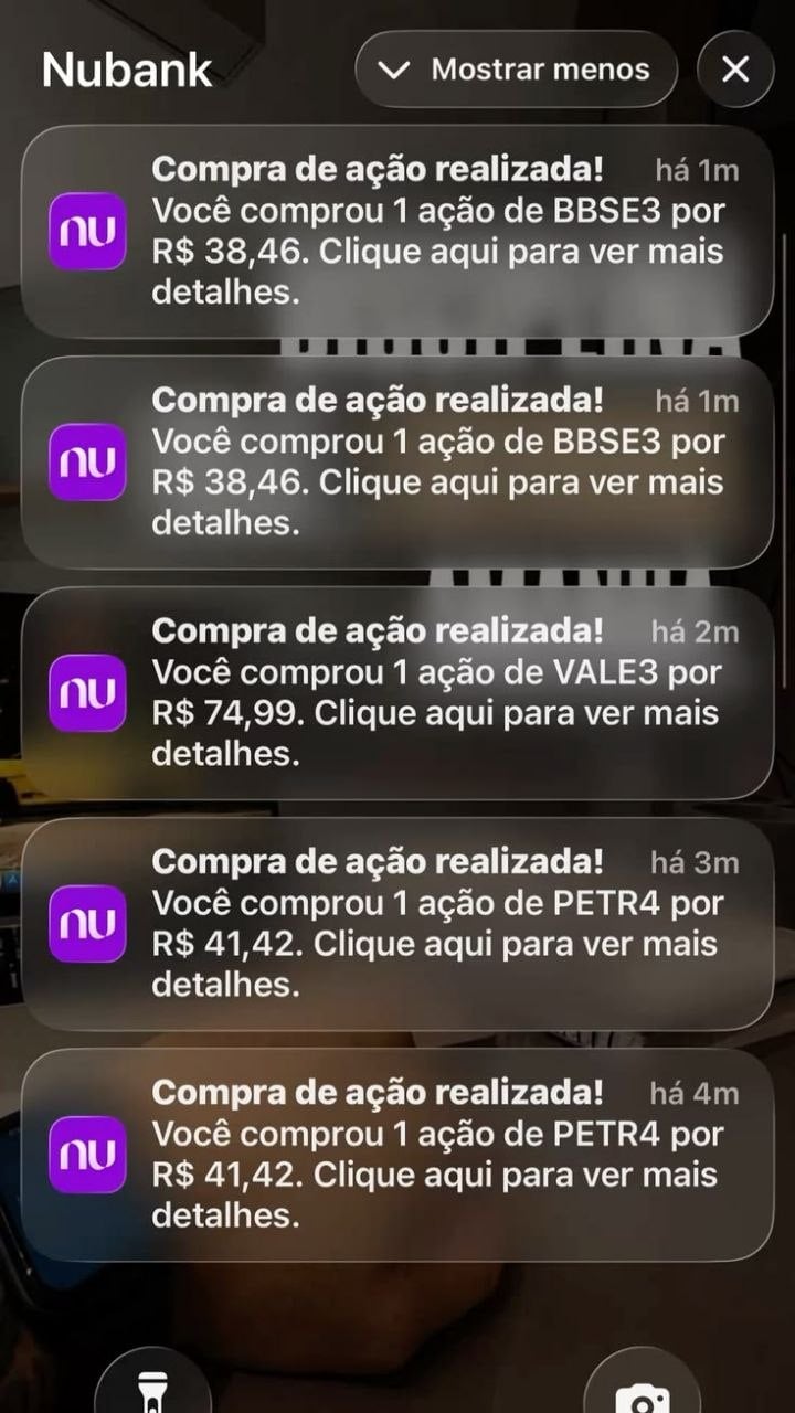 Notificações de compras de ações no Nubank