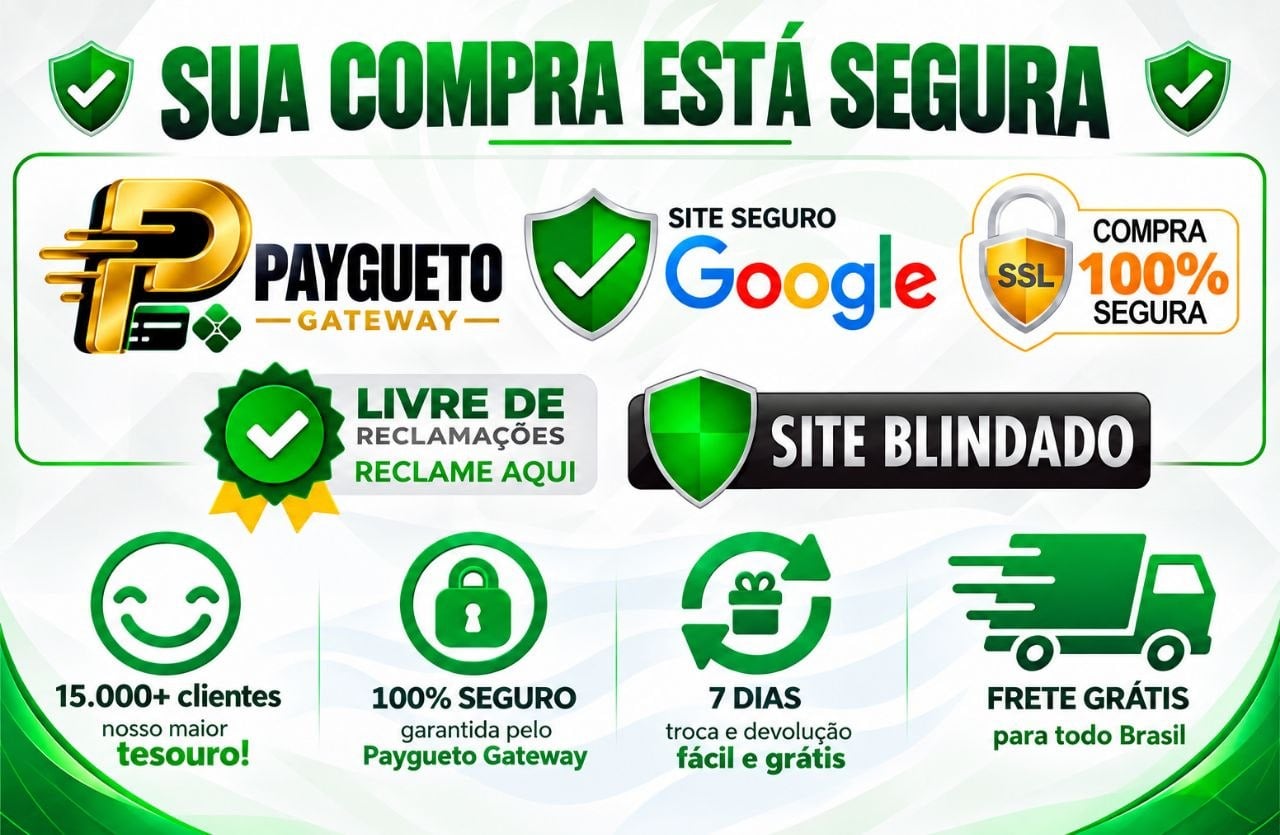 Selos de segurança da compra: site seguro Google, SSL, compra 100% segura, livre de reclamações no Reclame Aqui e site blindado